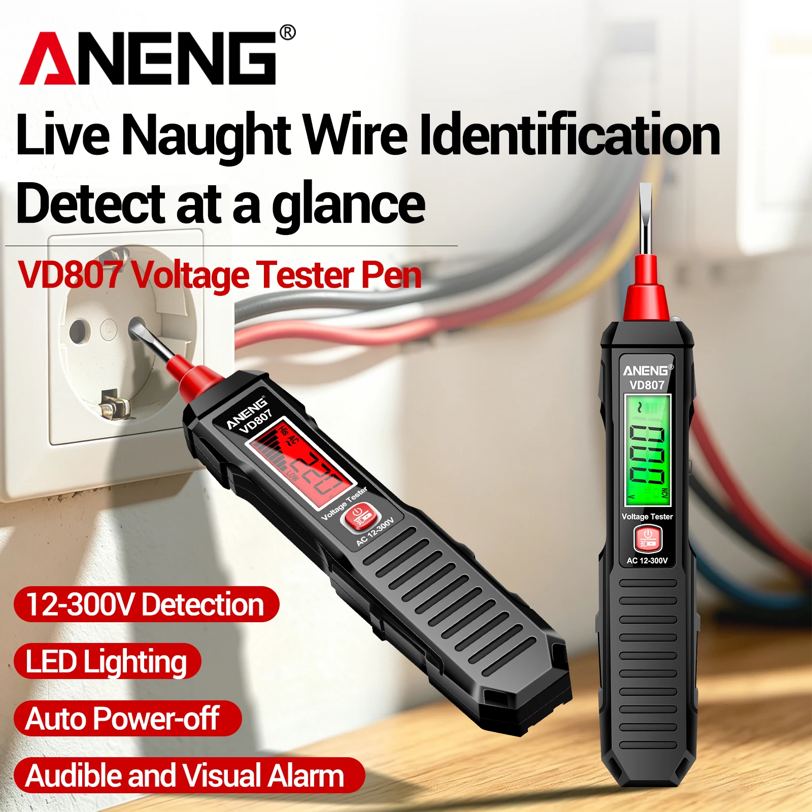 ANENG VD807 NCV Non-Contact Voltage Tester Pen 12-300V AC 50/60Hz Sound Light Alarm LED Flashlight Auto Power Off CAT IV Safety