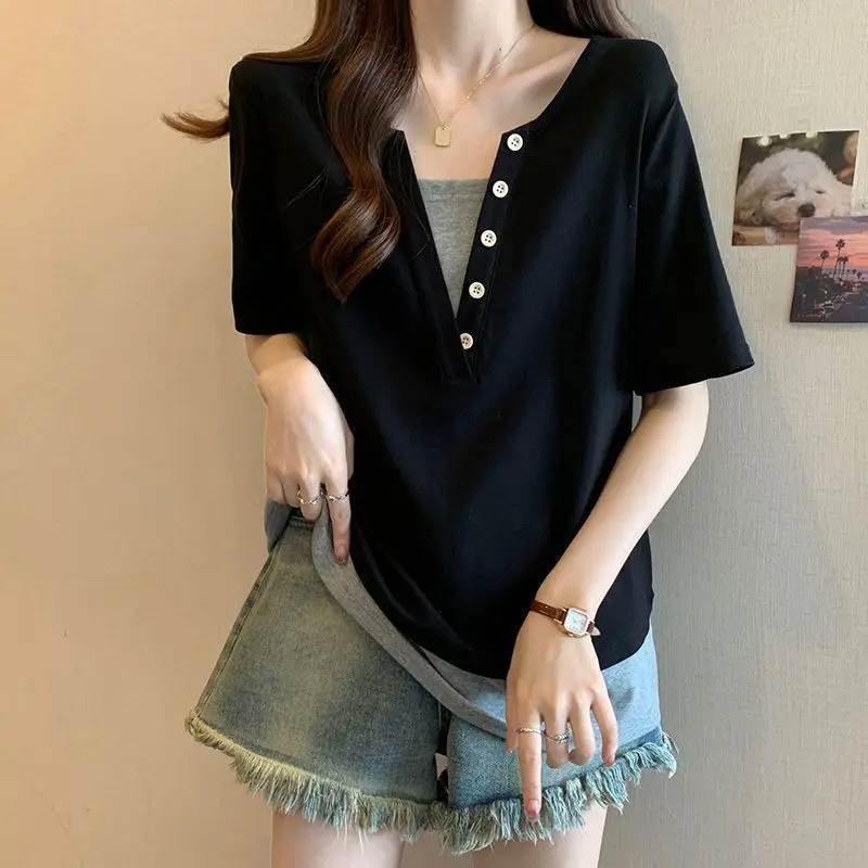 Women Summer Vintage Loose Large Size Appear Thin Buttons V-neck Short Sleeve T-Shirt Women Clothes Casual All-match Trend Tops