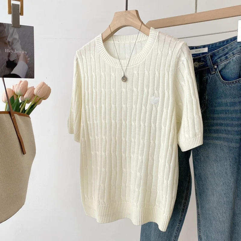 Dave&Di 26 early spring new mulberry silk wool knitwear love embroidery round neck Fried Dough Twists short sleeved shirt