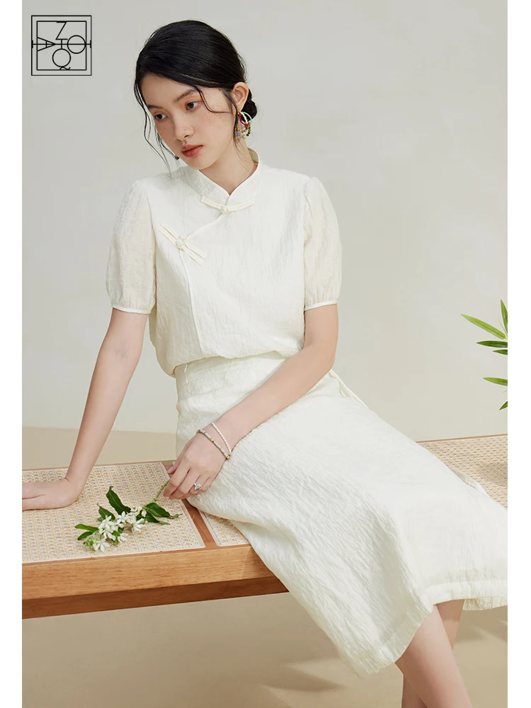 

ZIQIAO New Chinese-style Zen Suit for Female 2023 Summer Niche Design A-line Skirt + Buckle National Wind Top Women's Sets