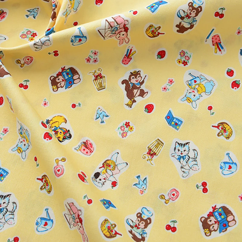 Enzyme Wash Cotton Fabric Animal Rabbit Cat Digital Printed Slightly Wrinkled for Sewing Clothes by Half Meter