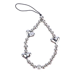 Silver Color Heart Phone Charms Plastic Love Beaded Rope For Phone Women Men Short Cell Phone Lanyard Keychains