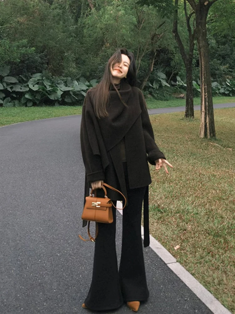 

Rich Girl ort шарф с застежкой на талии, пальто с запахом, шерстяная верхняя одежда, женское зимнее твидовое пальто, простое длинное свечение