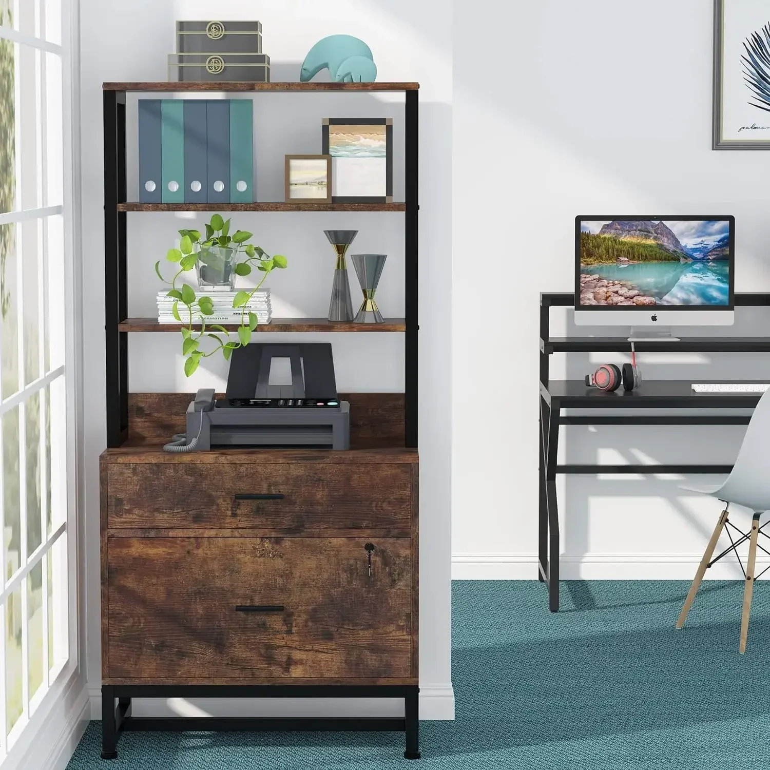 Office Furniture File Cabinet with Lock Printer Stand with Open Storage Rack