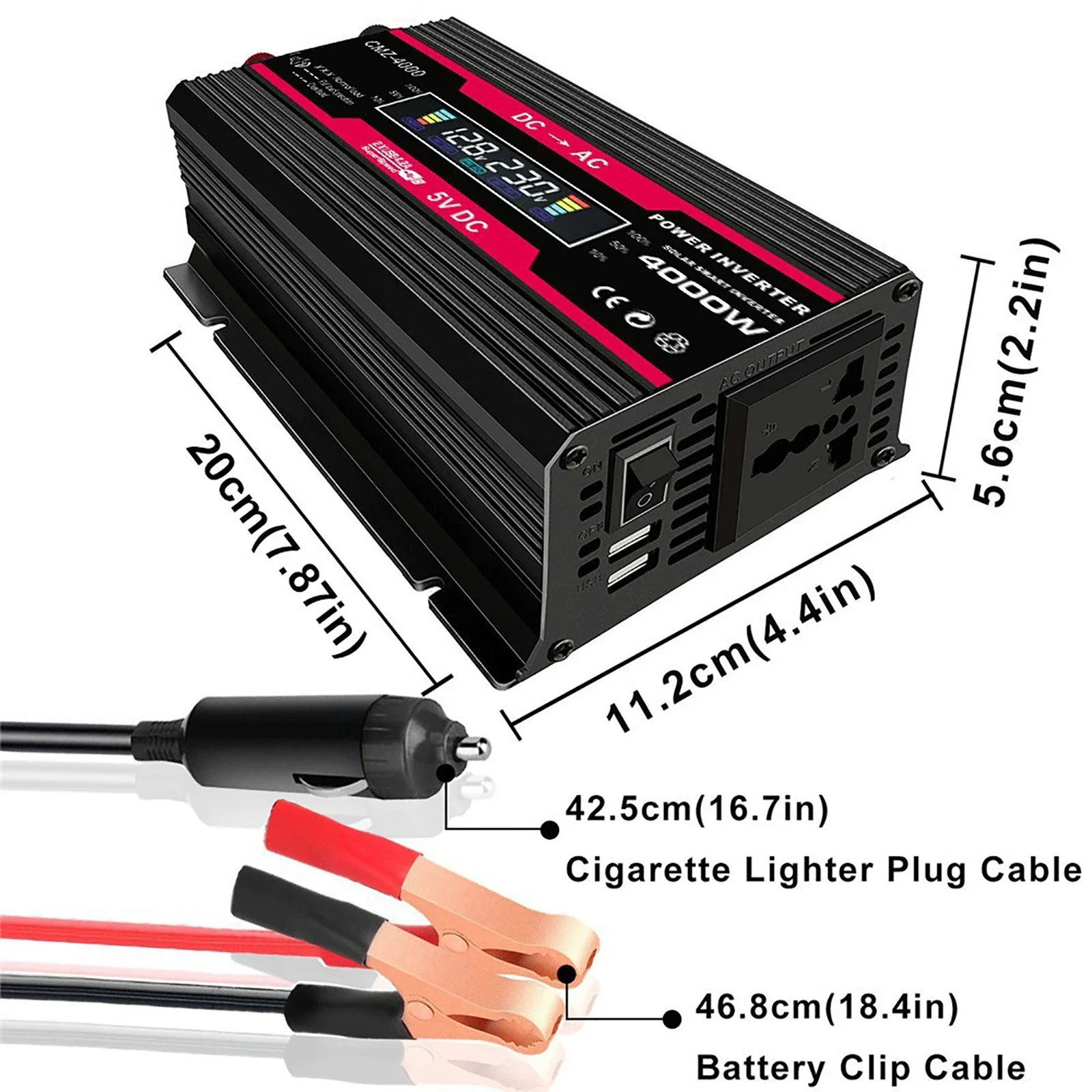 듀얼 USB 수정 사인파 전압 변압기, 태양광 인버터, 자동차 어댑터, 고속 충전 컨버터, LCD 디스플레이, 4000W, 12V