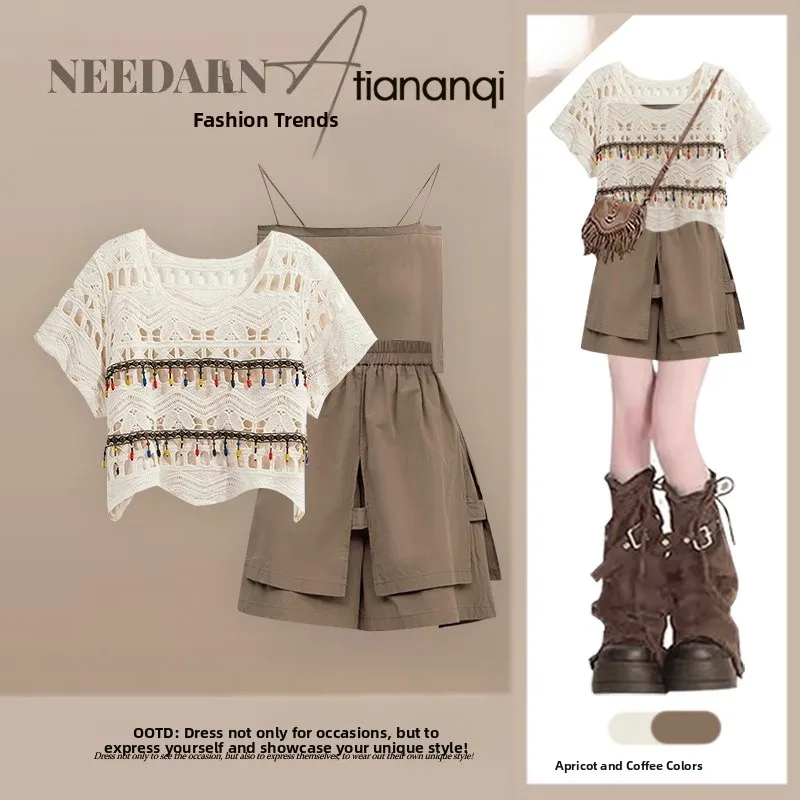 Elegant Hollow out Top And High Waist Shorts Set Women's Summer Fashion Ensemble Slimming Effect Trendy Two-Piece Suit