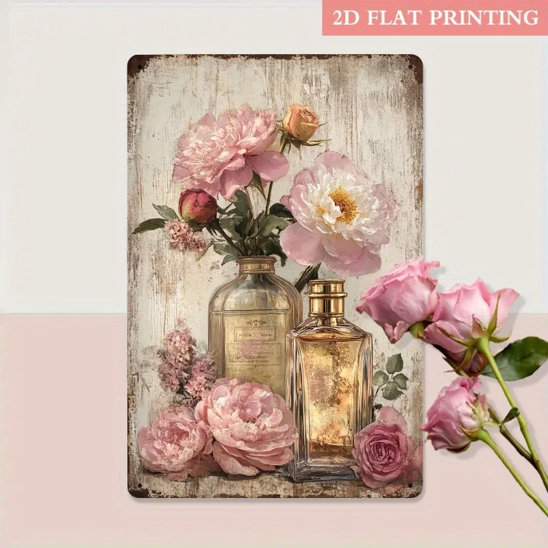 ** Bouteille de parfum pivoine vintage, panneau métallique, art mural floral rose romantique avec chambre à coucher, salon, salle de bain