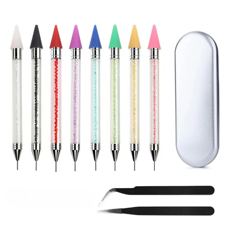 6 Pc Set Double-headed Nail Art Crayon Pen with Tweezers Rhinestones Studs Picker Wax Pencil Manicure Nail Art Tools