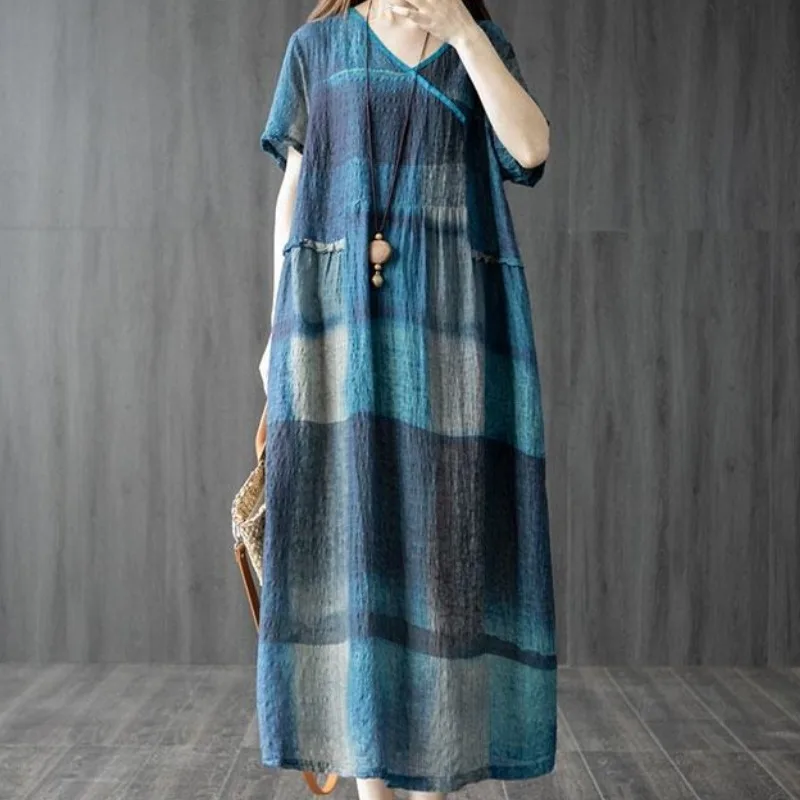 

2025 Summer Cotton Linen Women's Long Dress Loose V-Neck Spliced Plaid Dress Pockets Short Sleeve Retro Long Skirt