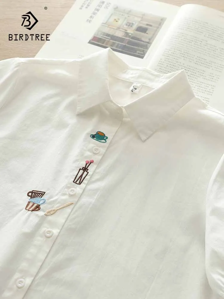

New 2025 Summer Cotton Short Sleeve Shirt, Women Turn-down Collar Cute Embroidery, Mori Girl Age Reduction Loose Blouse T57550CC