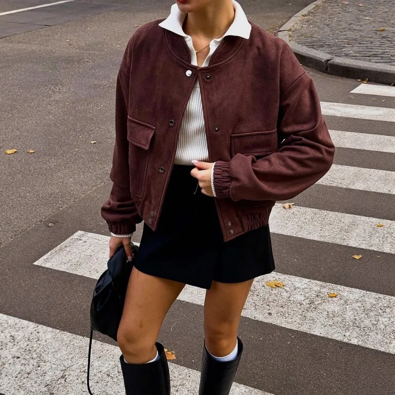 Women Suede Jacket Loose Casual Bomber Coat O Neck Zipper Long Sleeve Cropped Jackets Vintage Lady Short Motorcycle Outwears Y2k