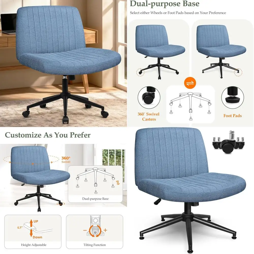 

Синее тканевое кресло с поворотным механизмом и регулируемой крестообразной опорой для домашнего офиса и использования у компьютерного стола