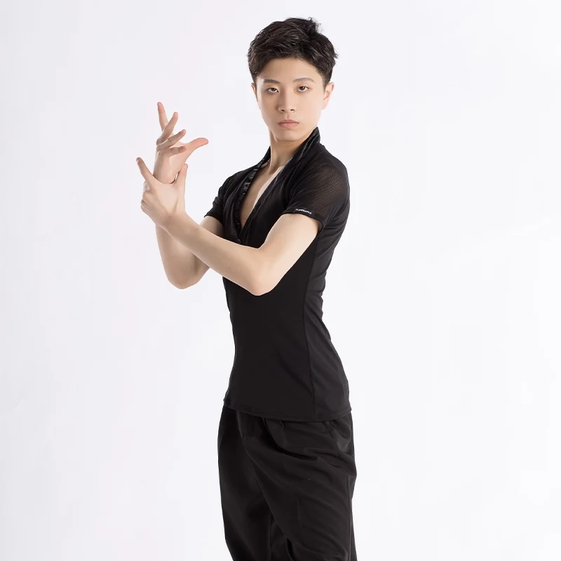 Sommer männer Latin Dance Top Schwarz Kurzarm Tops Erwachsene V-ausschnitt Mesh Training Kleidung Männlich Latin Praxis Dancewear VDL4081