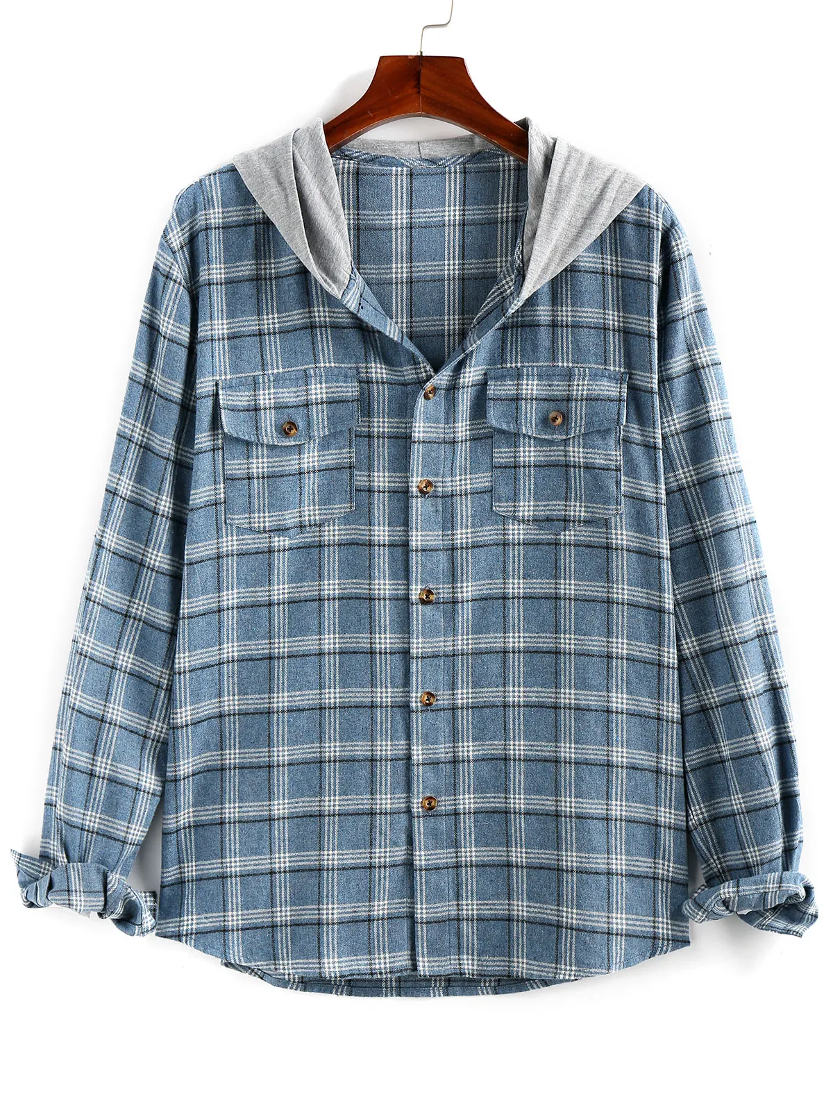 

ZAFUL Plaid Flap Pocket Colorblock Hooded Shirt