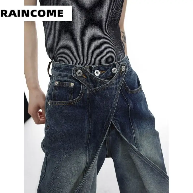 

American Niche Retro Heavy Industry Old Washing Jeans Deconstructed Cut Piece Design Sense Variable Horn