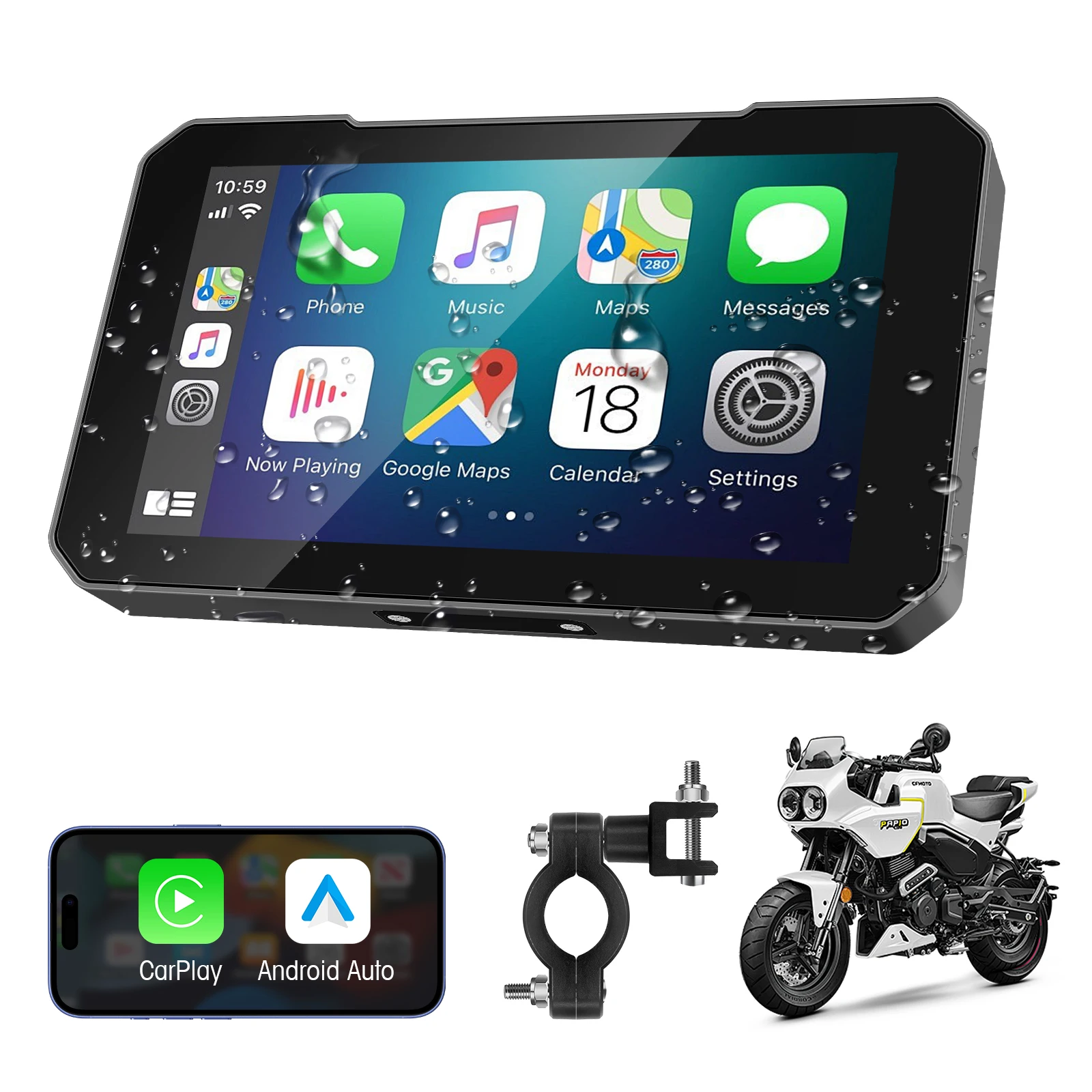 IP67 Waterproof 5'' Motorcycle Carplay,Wireless Apple Caplay and Android Auto Portable Screen,Support GPS,Bluetooth, Navigation