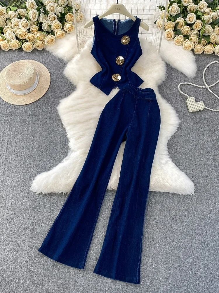 ชุดเซ็ตยีนส์สองชิ้น Wmstar สำหรับผู้หญิง ขายส่ง เสื้อกั๊กครอปท็อปแขนกุดและกางเกงขายาวทรงกว้าง แฟชั่นสตรีทแวร์