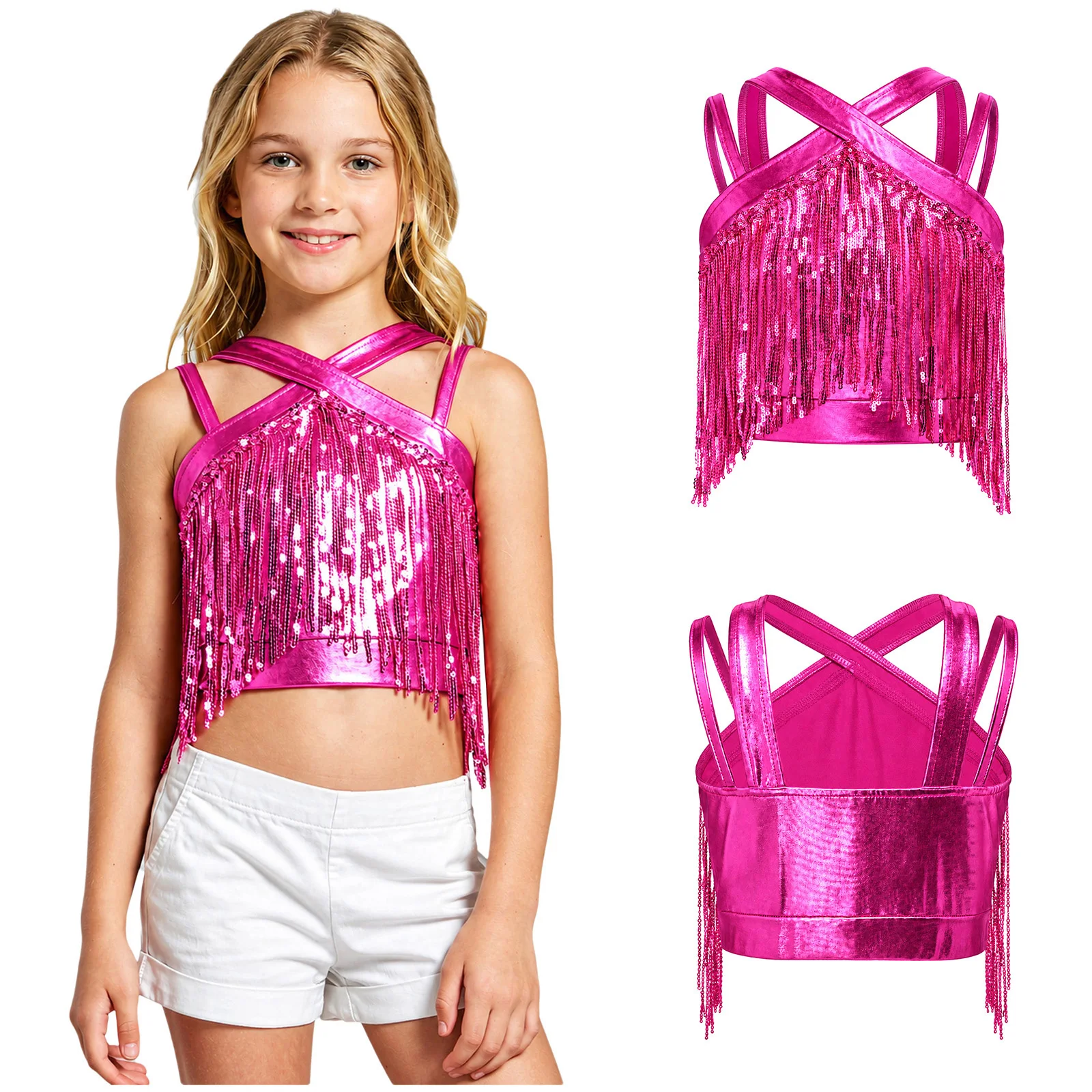 Metallic Camisole Kids Girls Glittery Sequins Tassels Crop Top Cheerleading Ballet Jazz Dance Performance Competition Costume