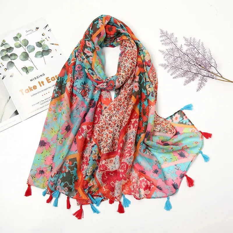 Vintage Print Tassel Scarf Fashion Floral Long Shawls Elegant Cotton Viscose Outdoor Sunscreen Shawl Travel Head Wrap 180*90cm