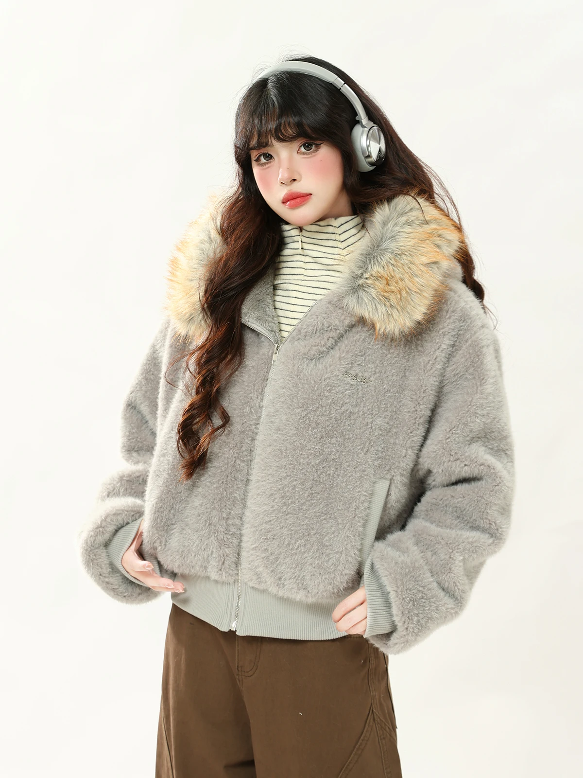 

Женская зимняя теплая свободная повседневная хлопковая куртка ENJOG American Sle с капюшоном и воротником из овечьей шерсти, укороченная, из хлопковой ткани