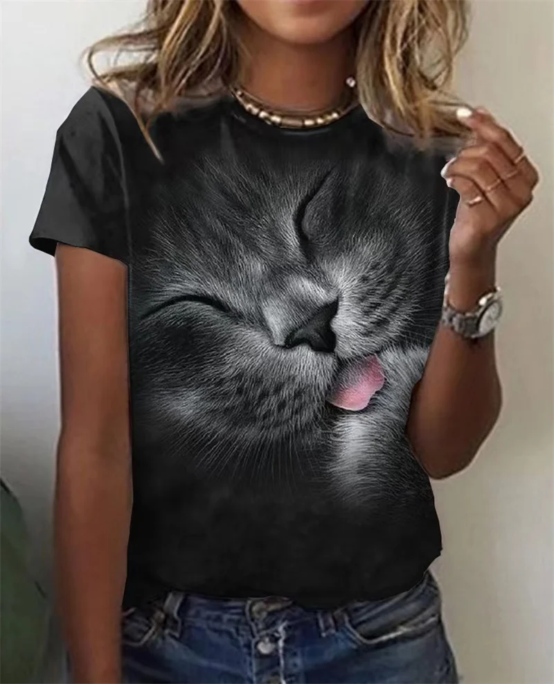 Animal Cute Cat 3D Print T-Shirts Women\'s Casual Fashion Streetwear Oversized Short Sleeve T Shirt Girl Tops Tees Woman Clothing