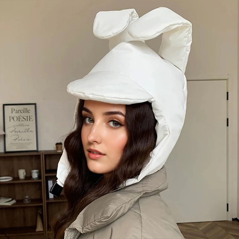 Bonito coelho longo orelha chapéu feminino para baixo bonés inverno quente boné proteção de orelha unisex gorro orelhas longas coelho chapéus