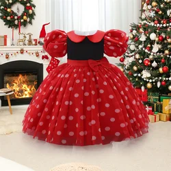 Girls Red Christmas Party Dress Puff Sleeve Bow Tulle Princess Wedding Birthday Dresses for Kids Polka Dot Birthday Prom Costume