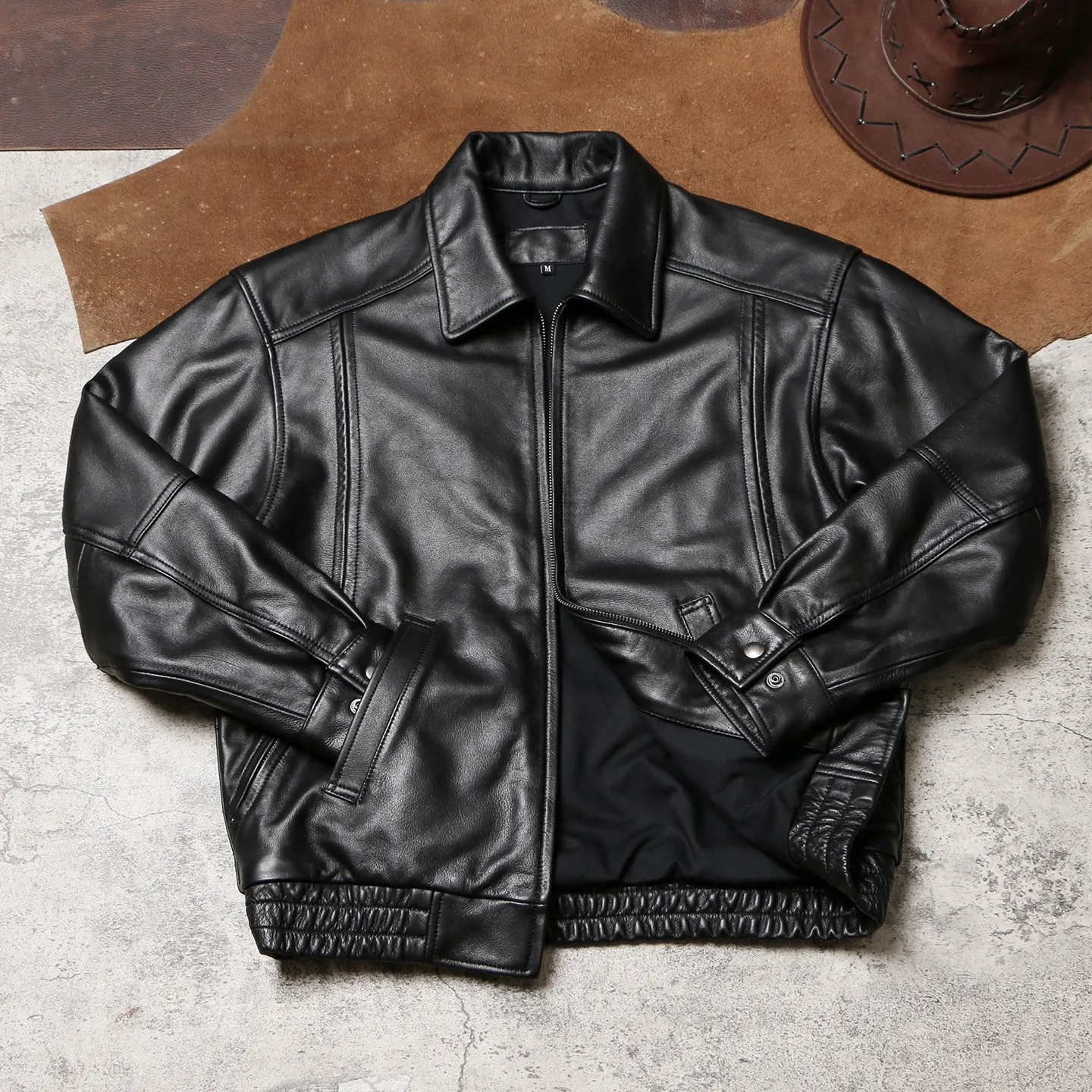 

Unisex Hong Kong Style Vintage Dad Leather Jacket, Old Money Loose Short Oversized Silhouette, Genuine Cowhide Casual Outerwear