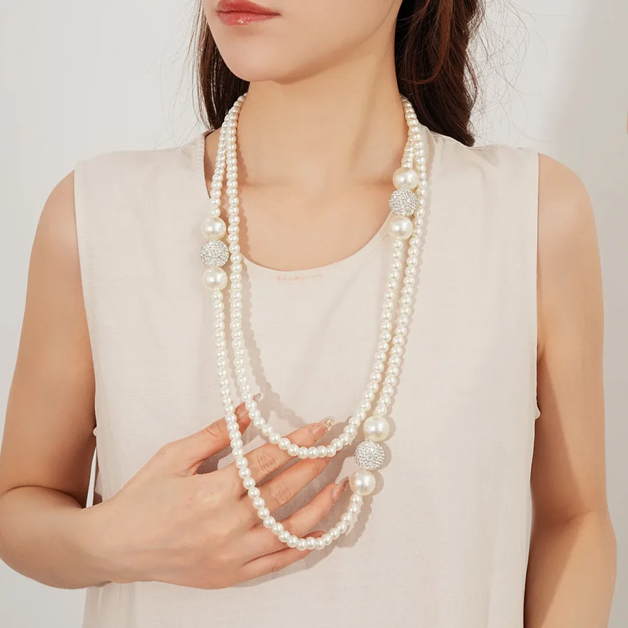 Minimalist Diamond Embedded Pearl Necklace – Multi-Layered Design Fashion Jewelry for Women Daily Use