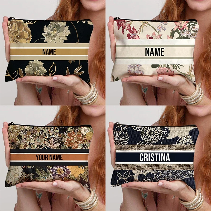 Bolsa de maquillaje Floral Vintage, bolso con nombre personalizado para mujer, organizador de cosméticos de viaje, bolsa de inodoro, bolsa lateral de moda para mujer