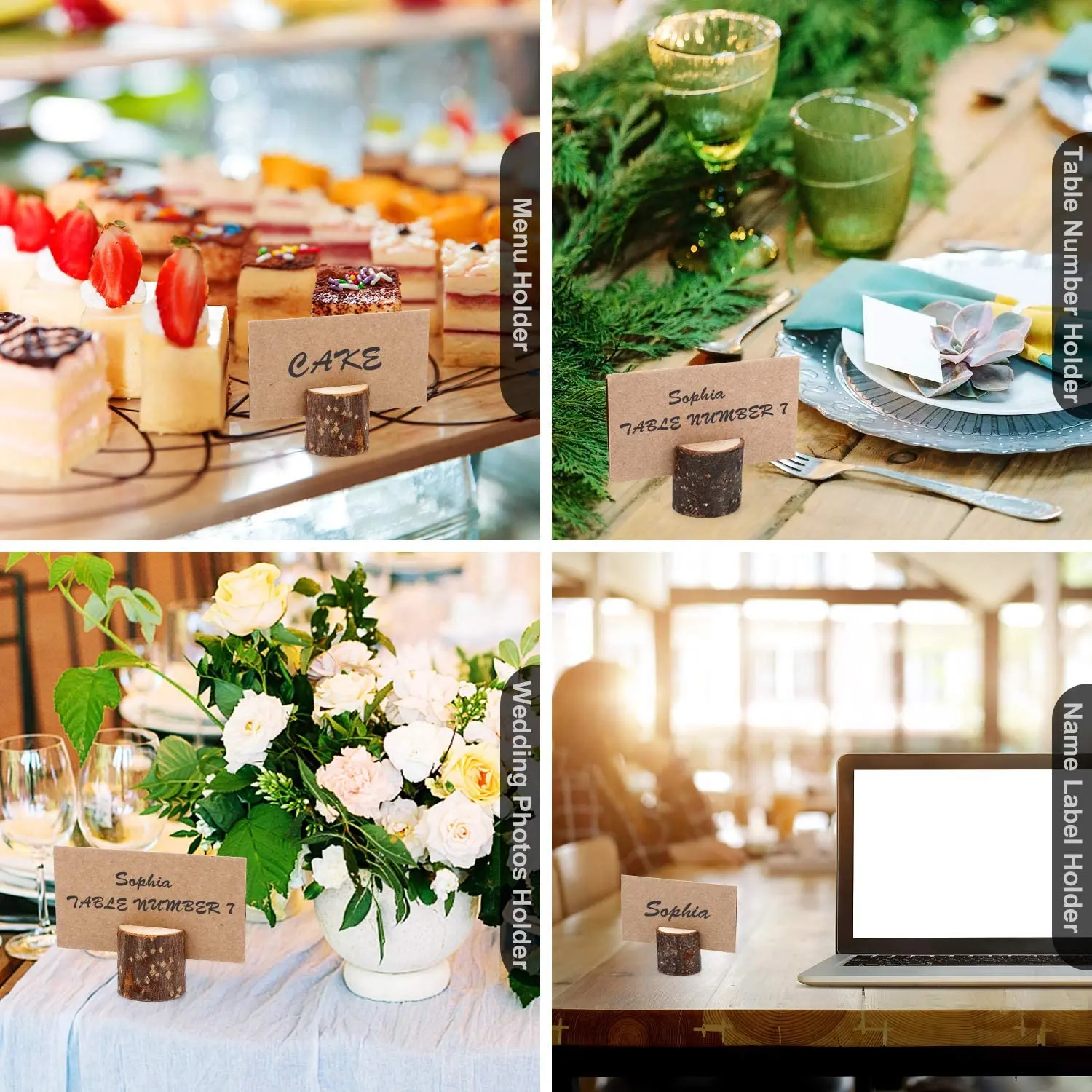 حامل مذكرة جدعة اسم خشبي ، مشبك ، حامل ملاحظات ، جذع شجرة ، لحاء ، مشبك H ، زفاف ، 10 مجموعة