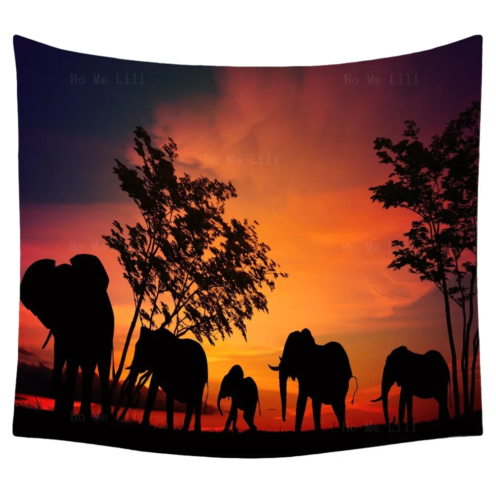 African Wildlife Great Migration Elephant Giraffe Rhinoceros Lingering Light Of The Setting Sun Tapestry By Ho Me Lili Decor