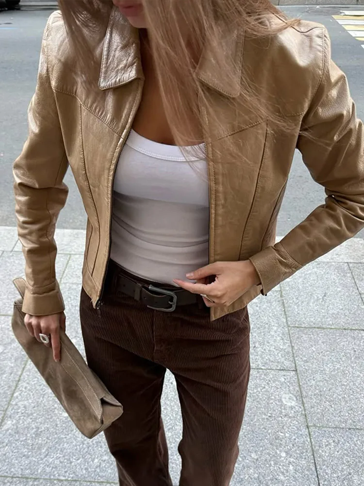 Abrigo de cuero para mujer, moda de otoño, nuevo cárdigan elegante con solapa, abrigos de manga larga para ir al trabajo diario, prendas de vestir exteriores cortas para mujer de calle alta