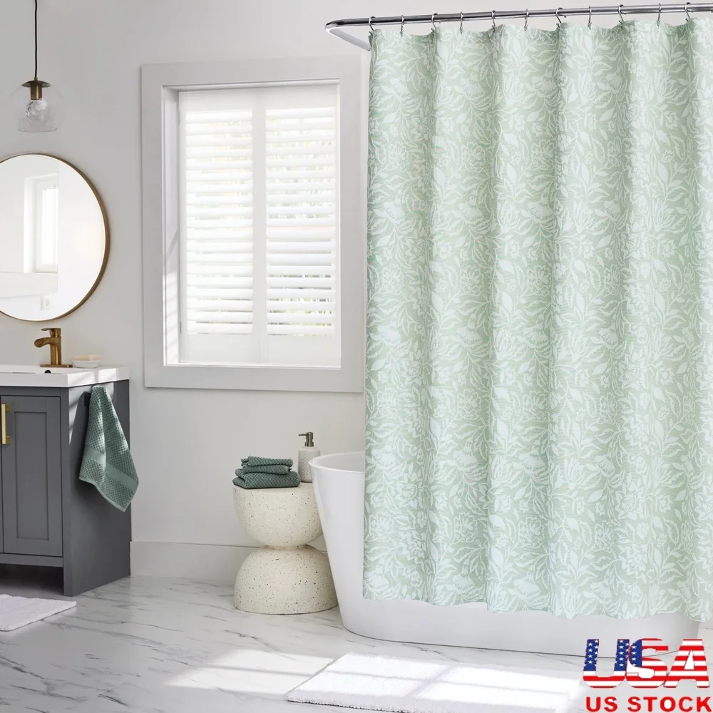 

Ботаническая занавеска для душа, зеленая полиэфирная переработанная ткань 72x72, дизайн плоского плетения, можно стирать в машине, экологически чистый декор для ванной комнаты