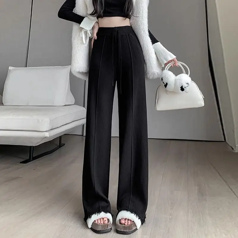 Thick knit wide leg pants women autumn and winter high waisted and slimming straight leg loose casual floor length pants
