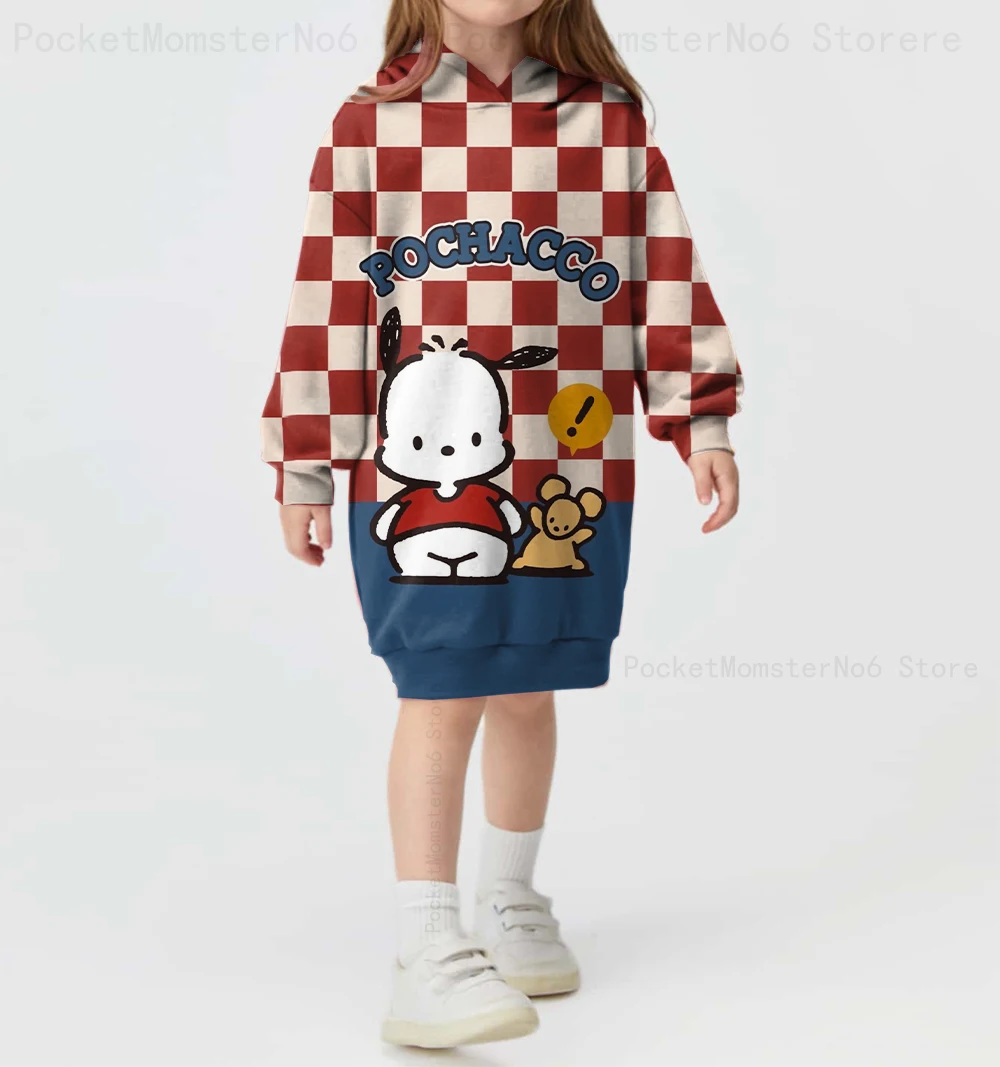 2025 New Children's Clothing Autumn and Winter Hoodie Sanrio Series Cartoon Pochacco Pacha Dog Print Casual Girls Hoodie Dress