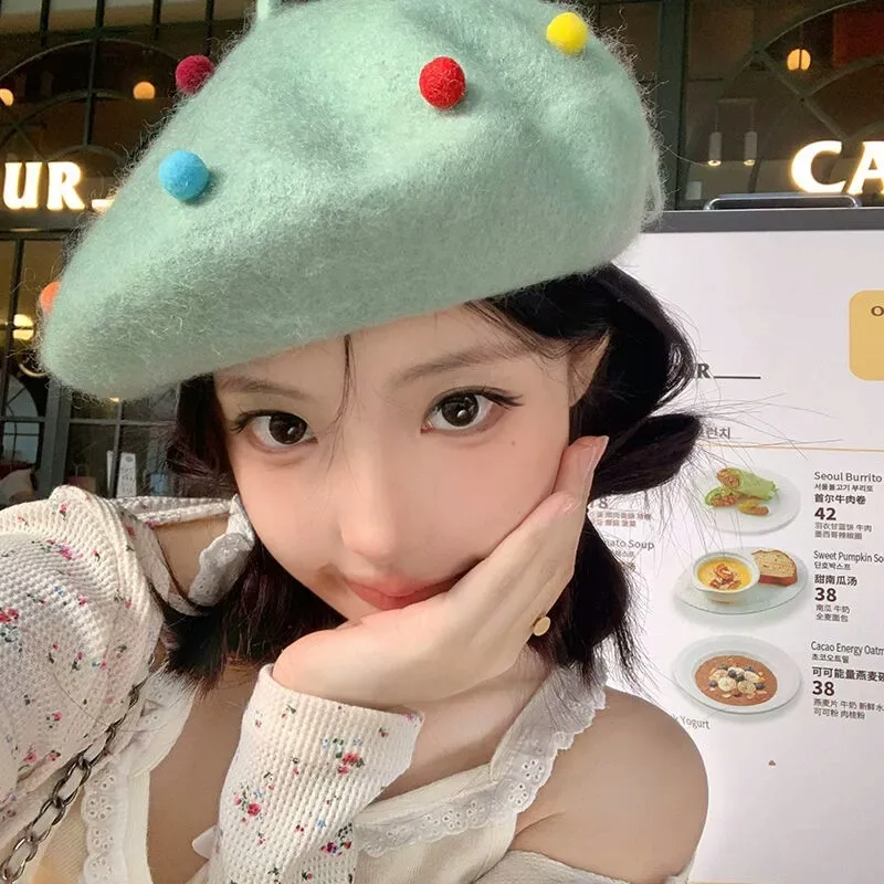 Sugar Bean Fur Ball cashmere Beret Hat Winter Women Beret Color Ball Warm Artist Painter Hat Beret Girl берет gorros navideño