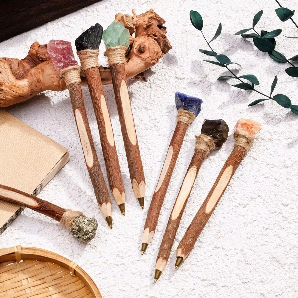 Vintage Natural Rough Crystal Ballpoint Pen Log Craft Decorative Handmade Crystal Wand Pen Wooden Writing Pen Kids