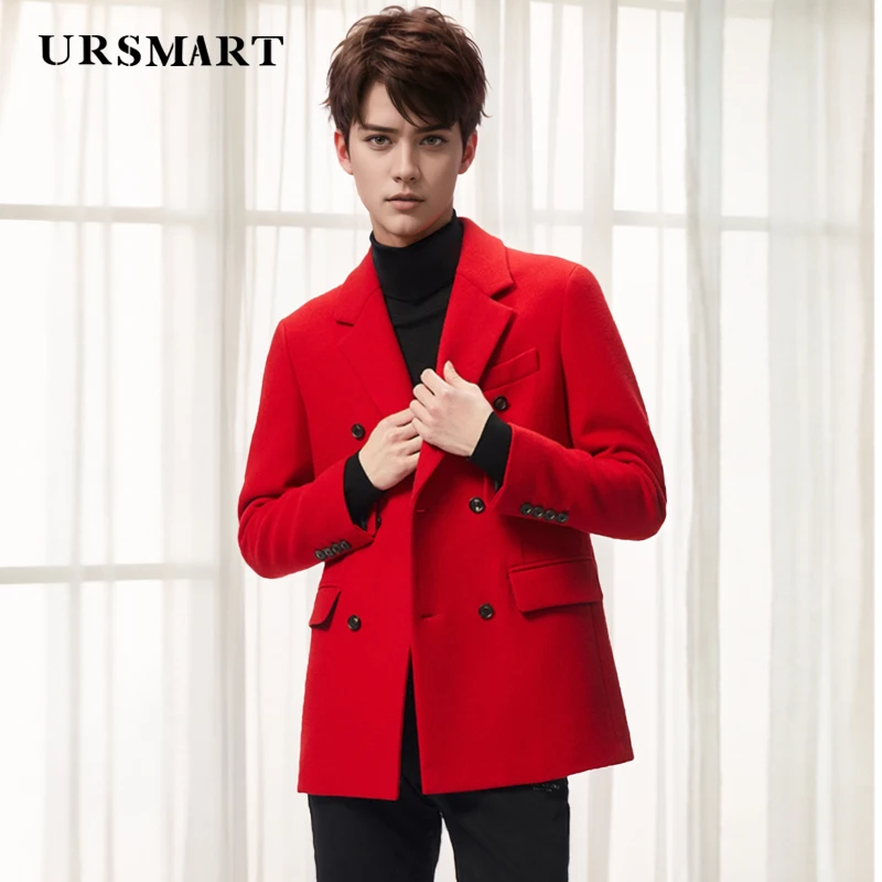 men's casual suit wool coat Red British fashion gentlemanly style double breasted button flat collar customized men's suit coat