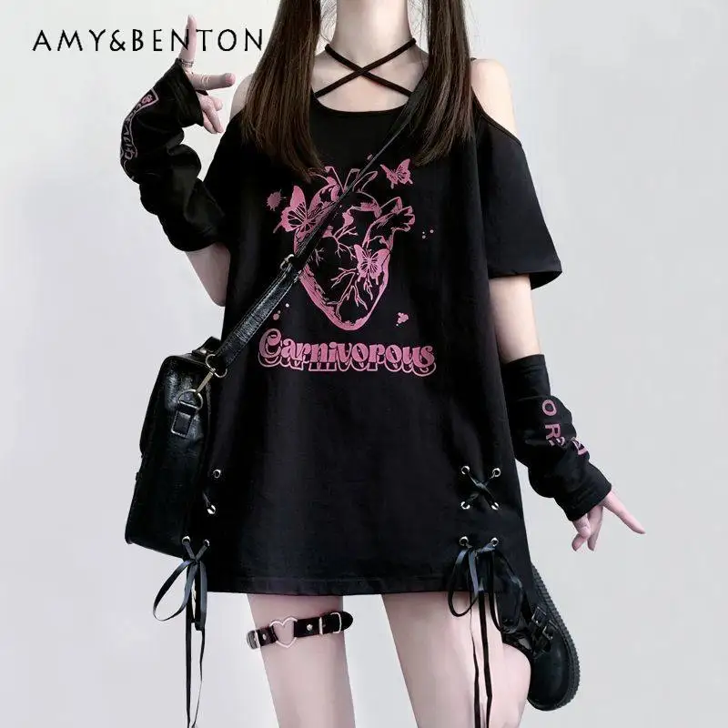 

Новая летняя футболка 2026 года в стиле субкультуры с принтом бабочек, открытыми плечами, перекрестной шнуровкой и бантом, свободного кроя, повседневная, черная, средней длины