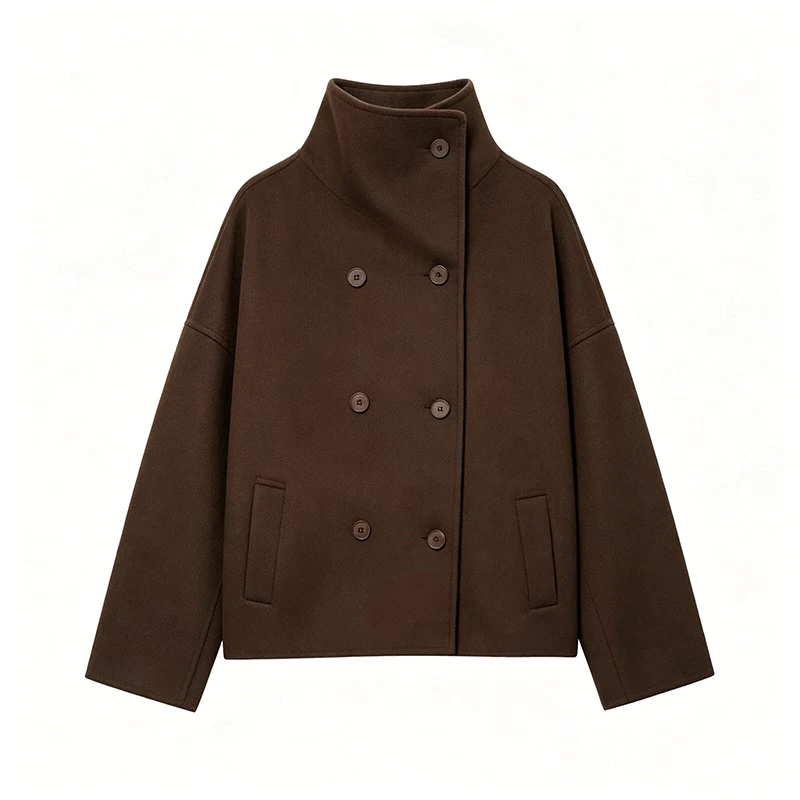 YENKYE Ladies High Neck Double Breasted Woolen Coat Side Pockets Loose Autumn Winter Warm Elegant Outerwear