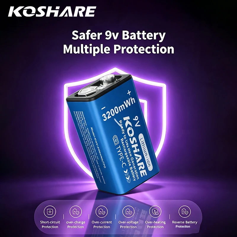 KOSHARE Rechargeable 9V Li-ion Batteries3200mWh High Capacity 6F22 Lithium Battery With Type-C Cable For Multmeter Flashlight