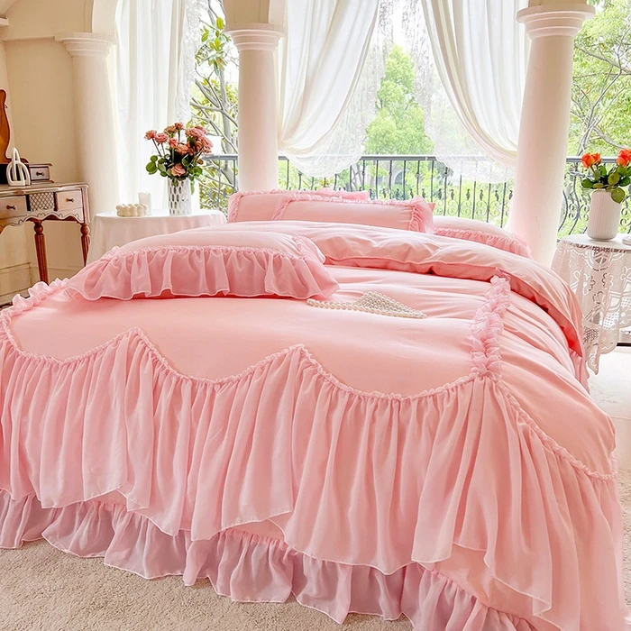 Luxury Princess Bedding Set Egyptian Cotton Pink Lace Duvet Cover Bed Skirt Bedspread Pillowcases Girl Bedroom Home Textile