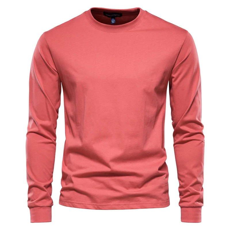 Simplicity Solid Color Long Sleeve T-shirt Fashion Cotton Men\'s T Shirts Casual O-neck Unisex Tops Fitness Run Sports Pullover