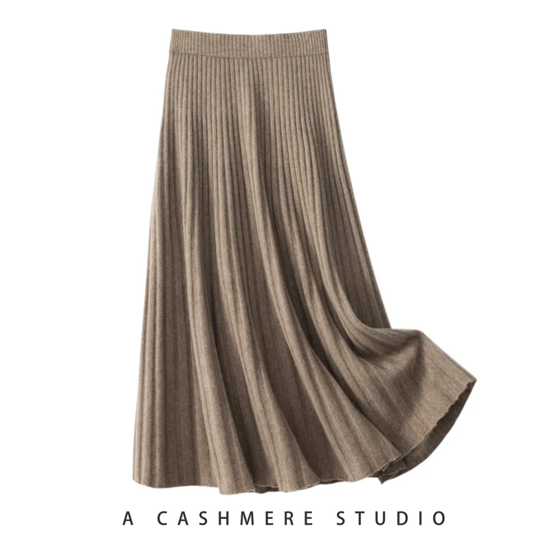 High-end 2023 Autumn and Winter New 100% Cashmere Skirt Women\'s High Waist Skirt Female Fashion Solid Color A Word Knit Skirts