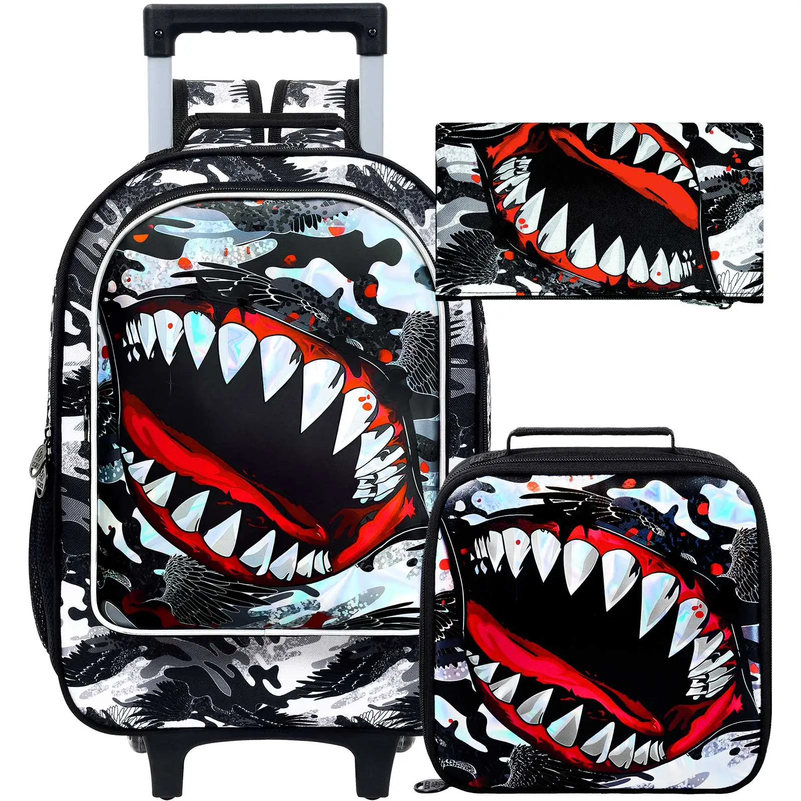 

3PCS Shark Rolling Backpack for Boys, Roller School Backpack with Wheels, Kids Wheeled Bookbag for Elementary Preschool Kinderga