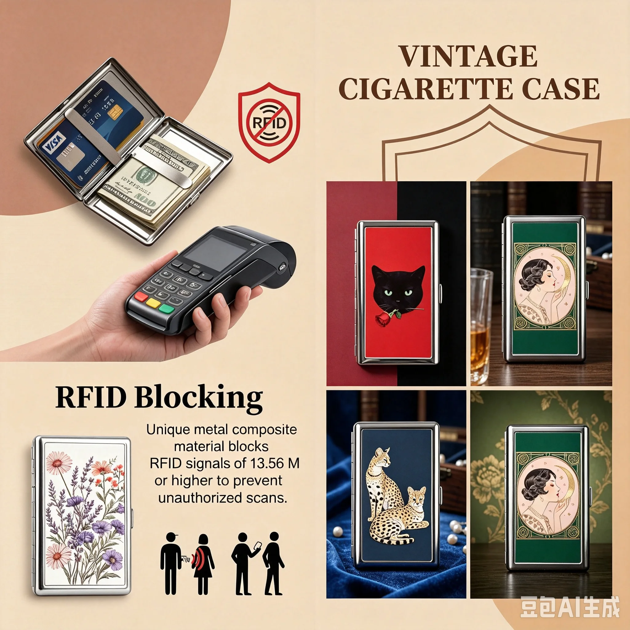 Vintage Style Metal Cigarette Carrying Case Art Deco Design Business Card Box Easy Snap Versatile Card & Cash Case for Women Men