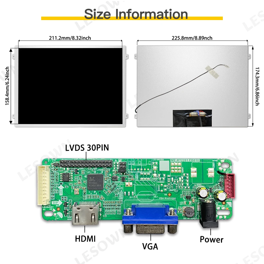 LESOWN Small Wide Screen 10.4 inch 560cd/m2 HD 1024x768 IPS LCD DIsplay HDMI VGA Ports Module for Medical Equipment PC Laptop