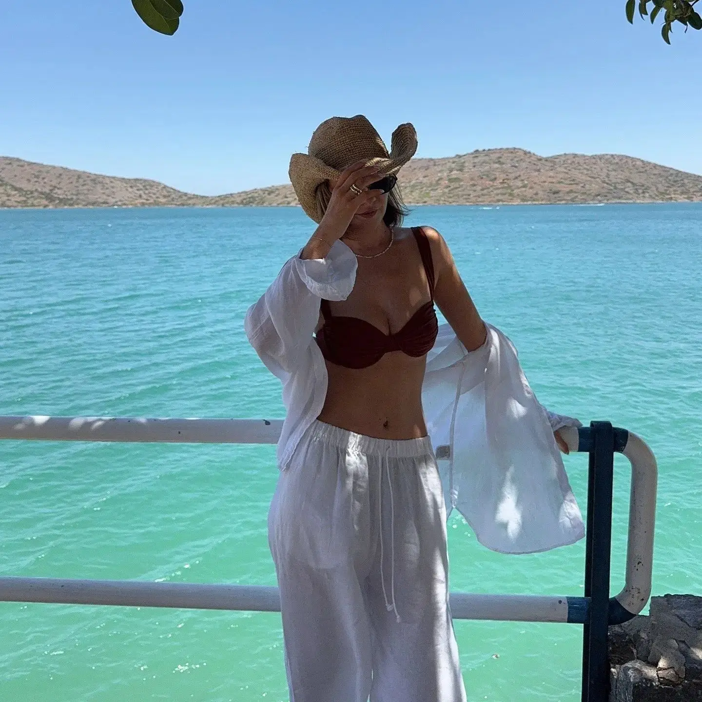 Conjunto de lino blanco para mujer, camisa sexy con cuello vuelto y lazo + pantalones casuales con cintura elástica