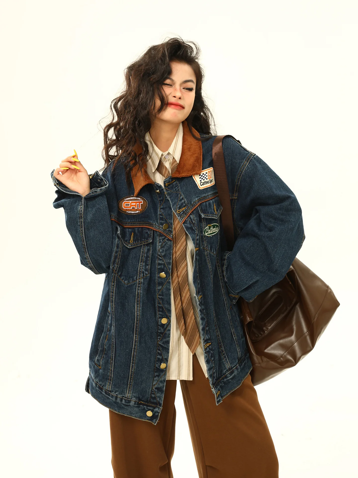 Women Motorcycle Trendy Brand Turn-down Collar Jacket Loose Retro American Denim Coat Autumn Casual Patchwork Y2k Tops Fashion